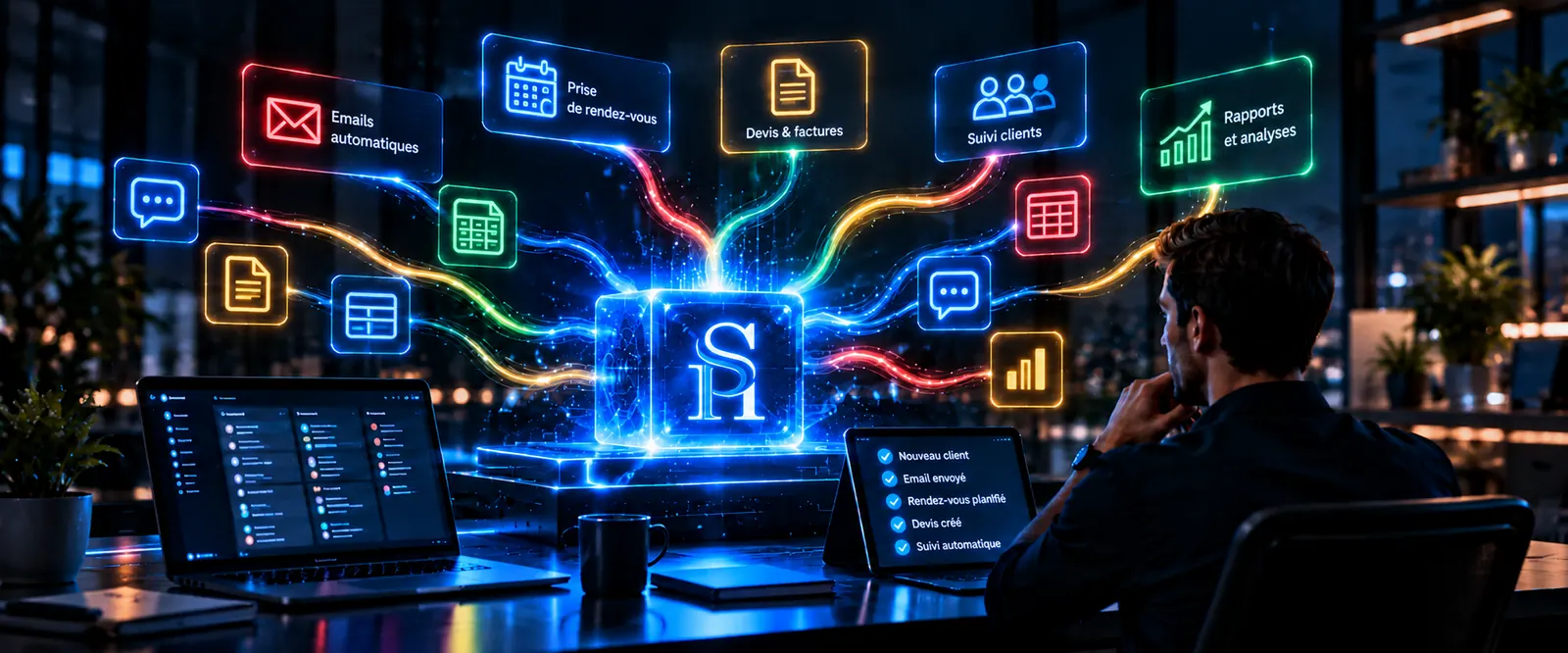 Un système d'automatisations IA relié aux emails, aux rendez-vous, aux devis et au suivi des clients